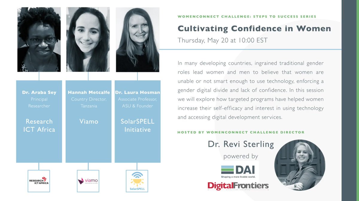 3rd in our series of successful strategies to close the gender digital divide this Thursday: BUILDING WOMEN'S CONFIDENCE to use technology!  Come hear about research and programs that get to the heart of self-efficacy and tech use! #genderdigitaldivide 

app.livestorm.co/dai/success?ty…