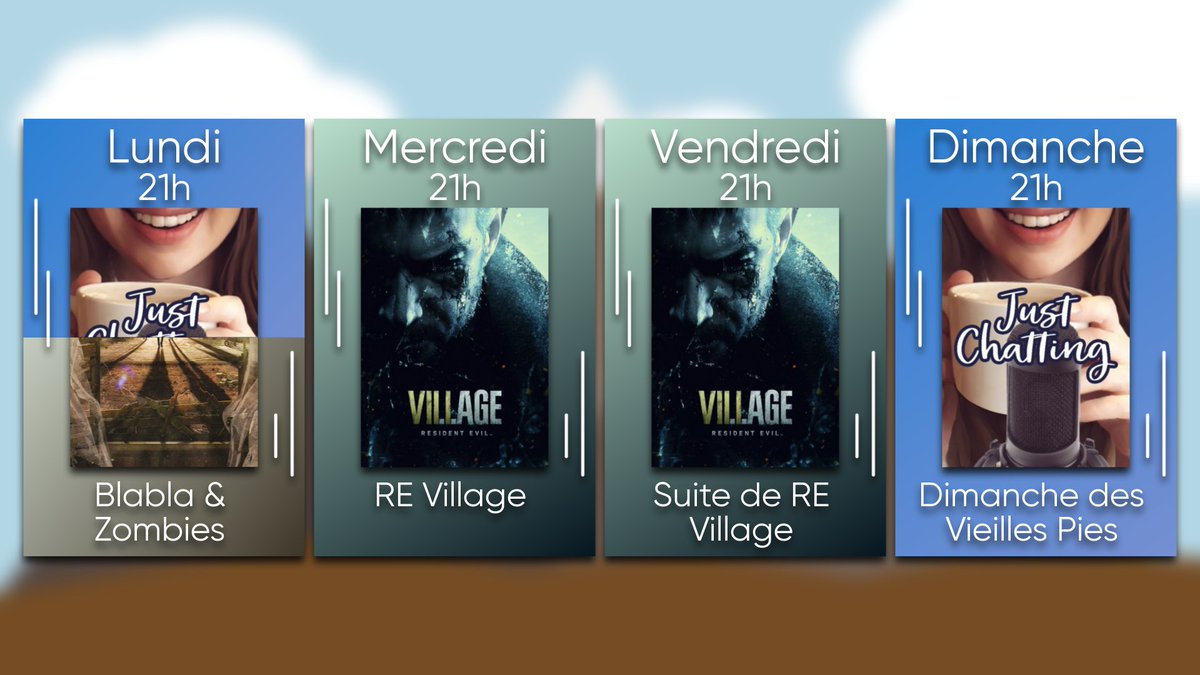 LesVieillesPies's tweet photo. 📆 Le planning des streams de cette semaine : 

🔷 Ce soir 21h : Blabla &amp; @StateOfDecay_FR
🔷 Mercredi 21h : #ResidentEvilVillage 
🔷 Vendredi 21h : La suite de RE Village
🔷 Dimanche 21h : Le dimanche des Vieilles Pies

👉 https://t.co/dwGRyllZqP https://t.co/SYzy6D0Pqk