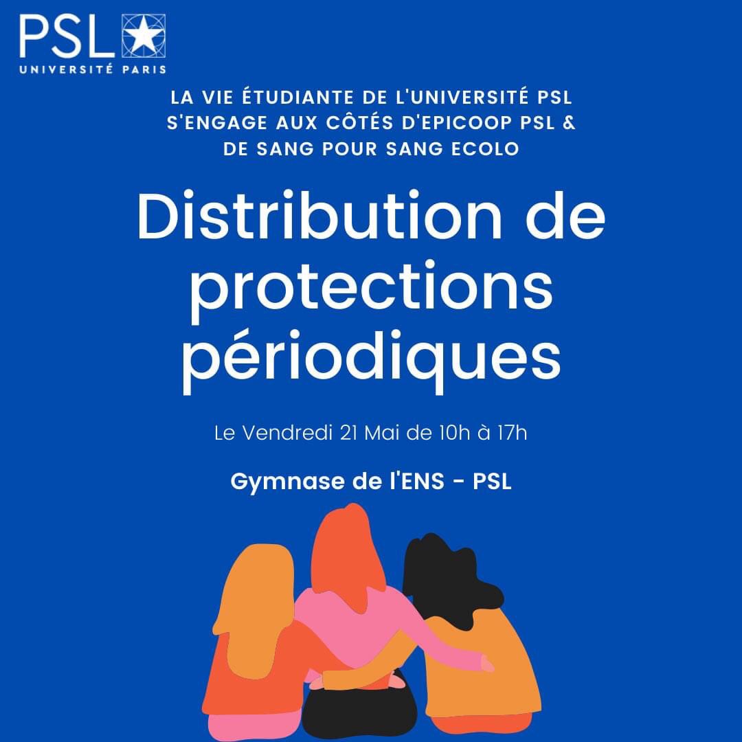 Dans le cadre de la lutte contre la précarité menstruelle l’Université PSL organise avec @EpicopPsl et l'appui de <a href="/ENS_ULM/">École normale supérieure | PSL</a> - PSL une distribution de protections périodiques.
📆 Vendredi 21 mai au 45 rue d’Ulm de 10h à 17h.
Inscrivez-vous !
👉 bit.ly/2RWtfZ2