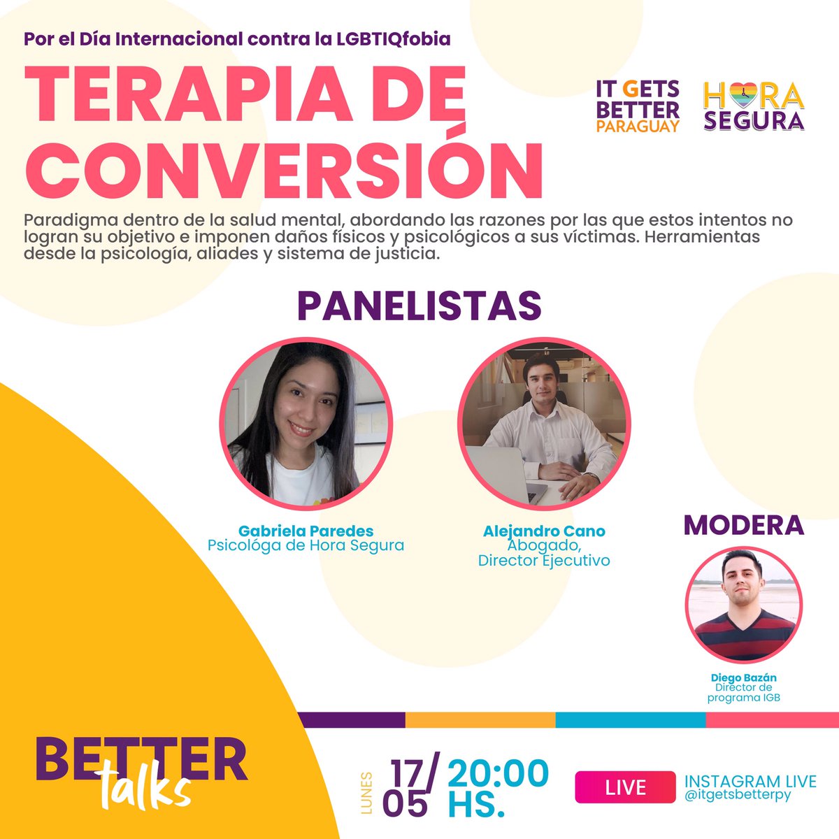 🌈Visibilizando el Día Internacional contra la LGBTIQfobia, hablaremos de:

📣Terapias de Conversión, paradigma dentro de la salud mental. 

📆Lunes 17/05/2021, 20:00 hs 
🔴 En vivo vía Instagram TV