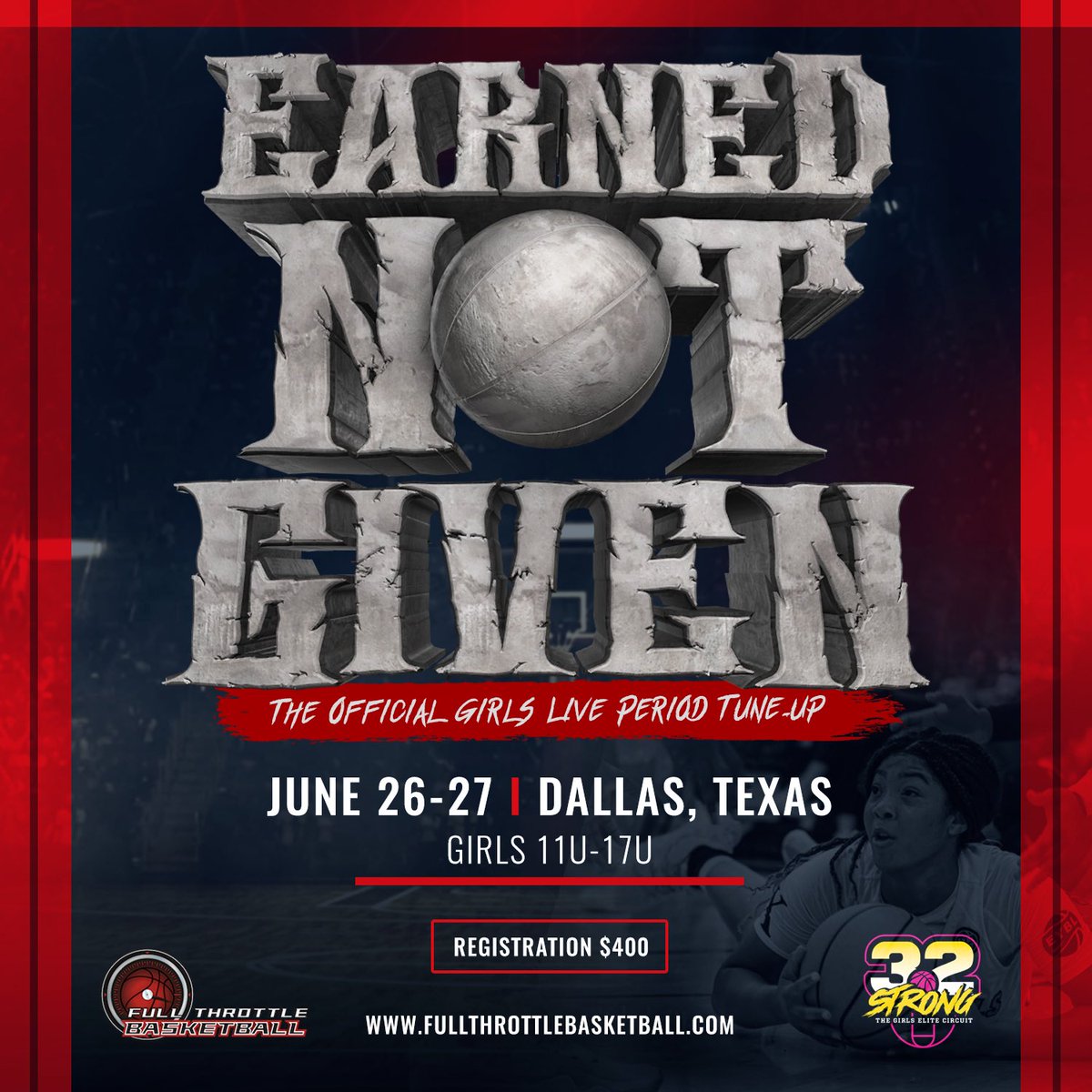 Earned Not Given is the official girls Live Period tune-up event!

You are going to need some competitive action after a month of preparation and players attending college camps.

On June 26-27 Dallas, TX is the place to be. Get locked in ⤵️
fullthrottlebasketball.com/earnednotgiven
