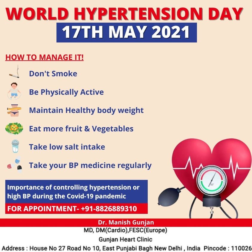 DrManishGunjan's tweet photo. A healthy heart is extremely important for a healthy body. On the occasion of World Hypertension Day, let us remind everyone to take care of their blood pressure. 

#heart #WorldHypertensionDay2021 #WorldHypertensionDay #Hypertension #HypertensionDay #cardiology #DelhiNCR https://t.co/0lkWmwB55r