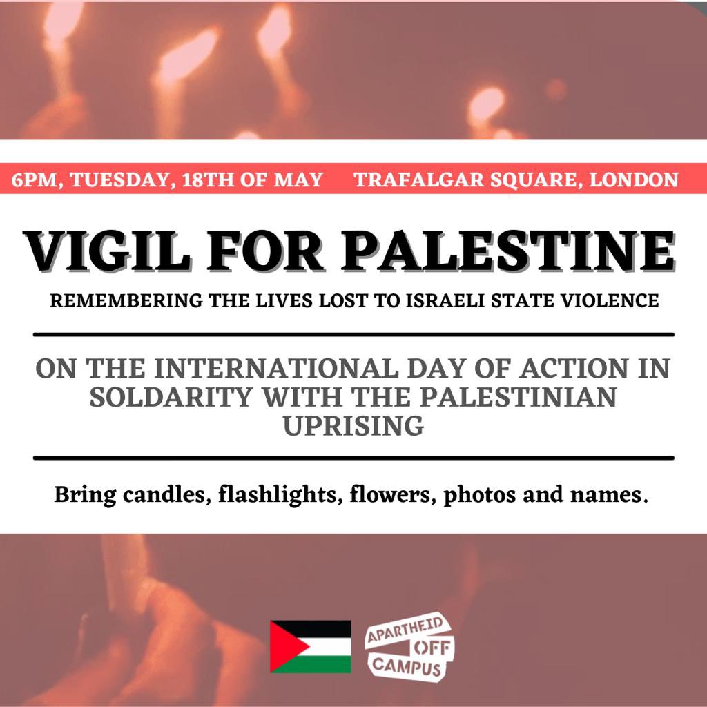 AOC_movement's tweet photo. “In response to the call out from Palestinians across colonised Palestine, we’re marking the day of action with a vigil to commemorate the Palestinians murdered by the Israeli Zionist project.

#GazaUnderAttak #SaveSheikhJarrah 🇵🇸 https://t.co/TY3mehfr3H