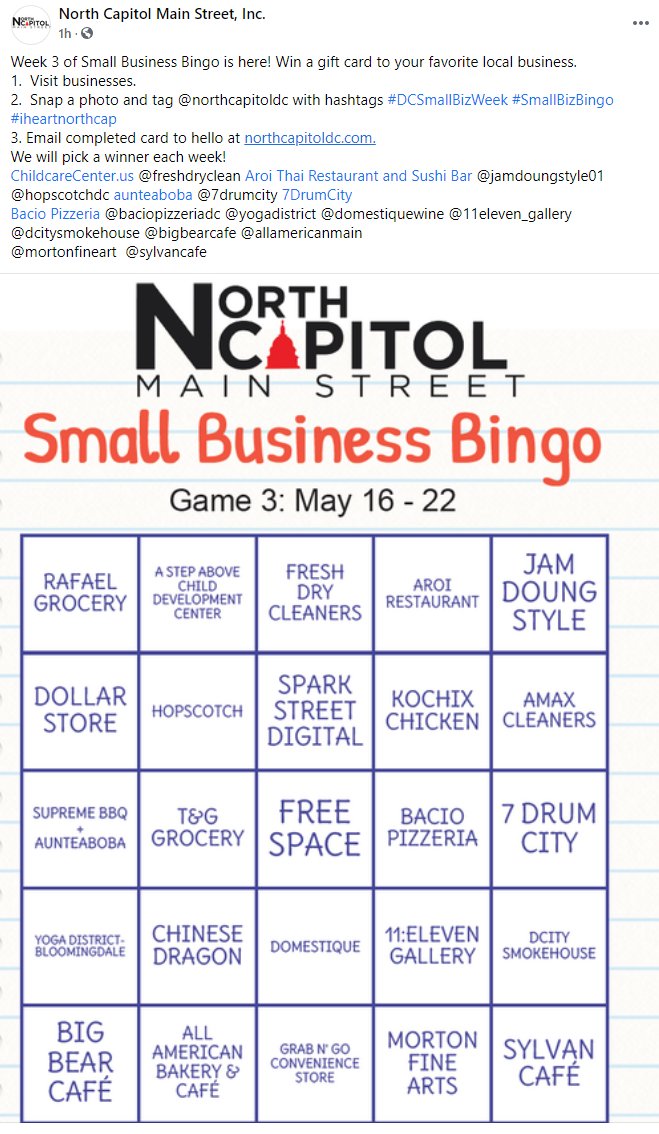 ScottRobertsDC's tweet image. it&apos;s Game #3 of Small Business Bingo from @NorthCapitolDC: 

visit businesses, snap a photo &amp;amp; tag @northcapitoldc with hashtags #DCSmallBizWeek #SmallBizBingo #iheartnorthcap, Email completed card to hello at northcapitoldc.com
  
facebook.com/NorthCapitolDC

#BloomingdaleDC