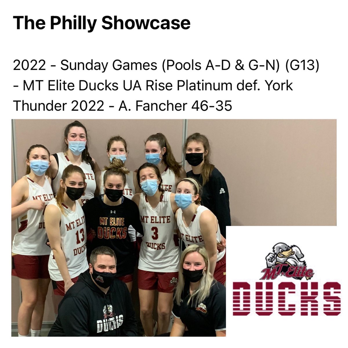 MTEliteDucks's tweet photo. Congratulations MT Elite Ducks UA Rise Platinum on a great weekend @SelectEventsBB Philly Showcase. Platinum was pool champions & won the first place bracket play game 46-35 over the aggressive sharpshooting York Thunder! #MTEDFamily #PositiveVibesPlatinum #TalkOnDefense #EarnIt https://t.co/Le1ycXYdyg