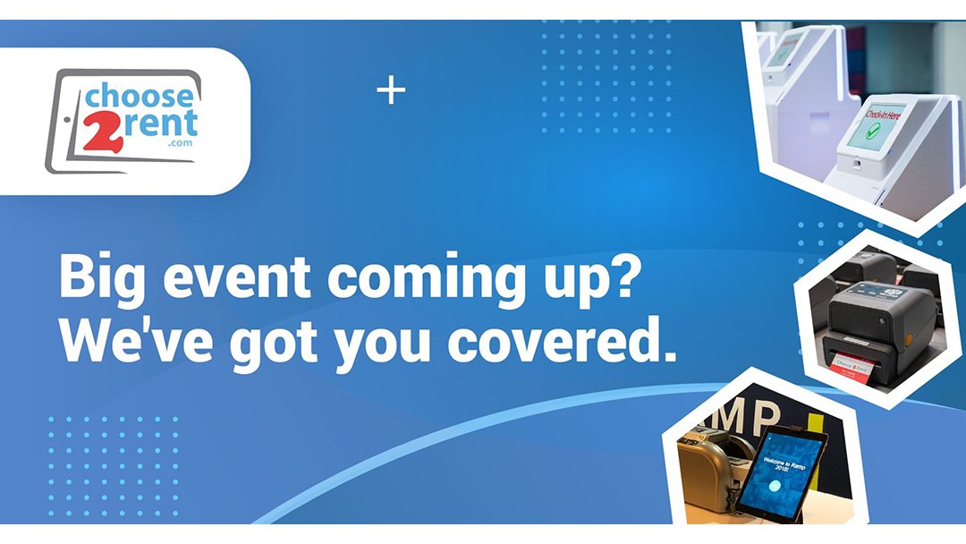 choose2rent's tweet photo. Make all your events a success with our event registration solutions! 🙌 Rent event kiosks, badge printers, iPads/iPhones, WiFi/mobile hotspot solutions, and more! Learn more about our services: https://t.co/Sr8CFf02dw https://t.co/VeuvvQ59qo