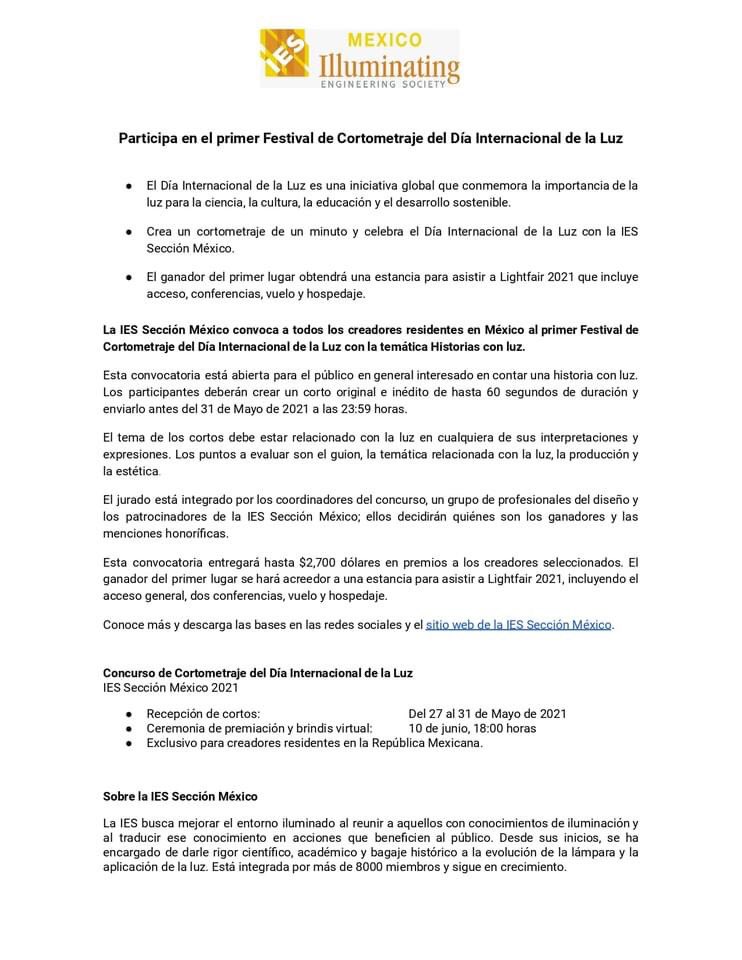 CONCURSO 
CORTOMETRAJE IES 2021
Consulta las bases y gana alguno de los espectaculares premios!

Participa en esta iniciativa llena de luz, muestra tu creatividad y gana fabulosos premios.

#LightDay2021
#comitedilmx2021
#dilmx2021
#iesmx21
#trustscience
#SeeTheLight