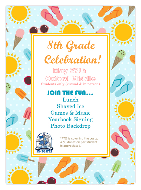 Attn: 8th Grade Families! 
1. Submit your photos for the slide show ASAP
2. Register for the celebration via donation (virtual students rsvp)
3. Attend career ready program this Weds

Go to the OMS PTO website to make donations, rsvp and more! omspto.membershiptoolkit.com/home