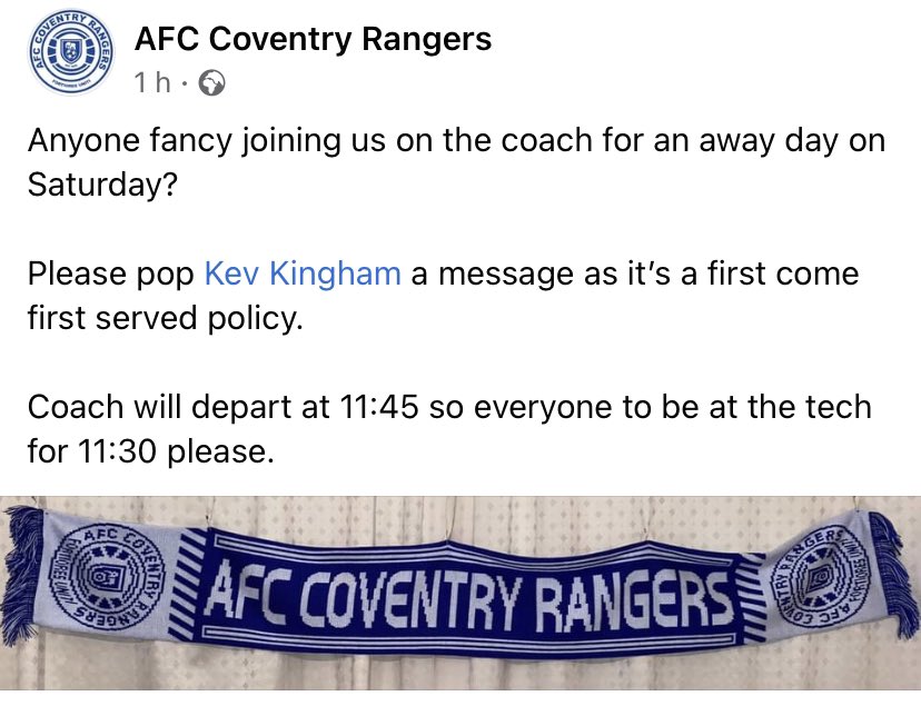 Away day? £10 adults , £6 under 16s - contact <a href="/KevKingham/">Kev Kingham</a>