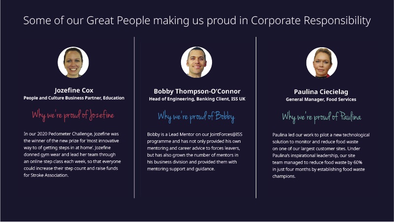 ISS__UK's tweet image. The #ISSUK Corporate Responsibility Report for 2020 will be published this week. It shows what our #ISSGreatPeople  like Jozefine, Bobby &amp;amp; Paulina did to make a huge difference in an incredible year.
@ISS_CR #ISSThinkForward #PeopleMakePlaces