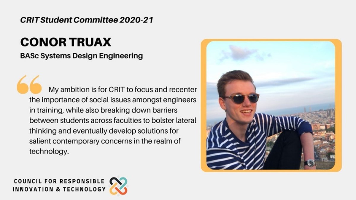 Council for Responsible Innovation and Technology (@uw_crit) on Twitter photo Meet <a href="/WaterlooENG/">Waterloo Engineering</a>’s Conor Traux! With a wide range of experience in design, Conor's interests span equity in education, ethics in emerging technology, and storytelling that interrogates the technological world we live in. #Ethics #ResponsibleInnovation #UWCRIT #CRITers Meet <a href="/WaterlooENG/">Waterloo Engineering</a>’s Conor Traux! With a wide range of experience in design, Conor's interests span equity in education, ethics in emerging technology, and storytelling that interrogates the technological world we live in. #Ethics #ResponsibleInnovation #UWCRIT #CRITers