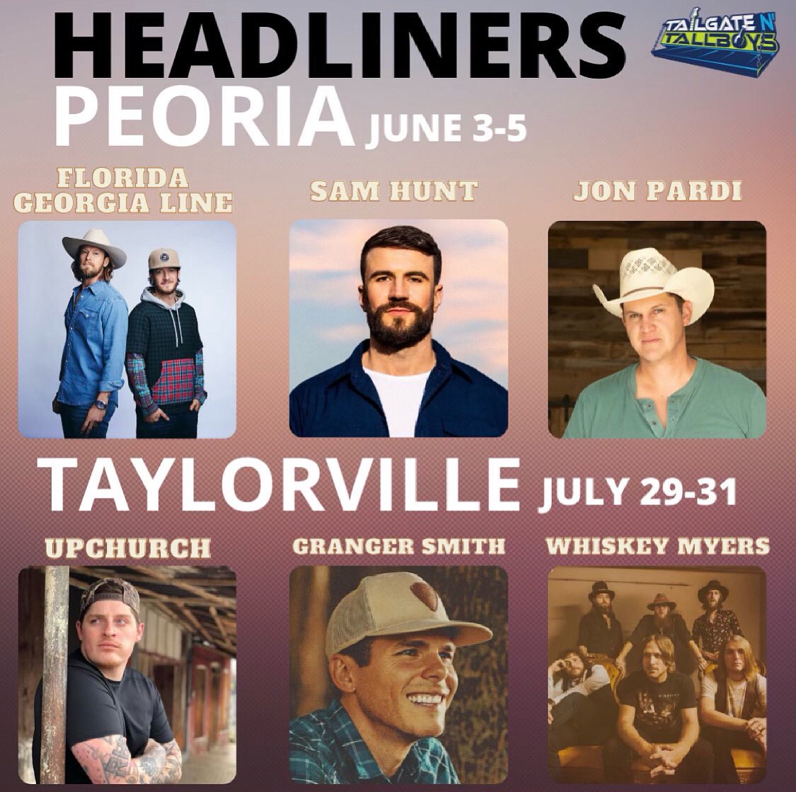 Our Peoria &amp; Taylorville headliners! 🤯🤩 Who are you most excited to see this year?
Get your tickets today!
🎟tailgatentallboys.com