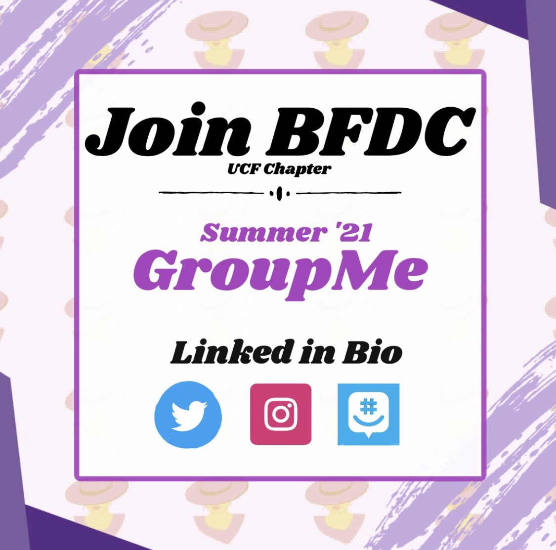 BFDC_UCF's tweet photo. Want to learn more about BFDC and get to know the women behind the executive board? Want to establish connections with other women at UCF? 
Join our BFDC Summer ‘21 💜✨GroupMe linked in bio! We look forward to meeting you soon! 🥳
#ucf #bfdc #sisters #ucf25 #ucf24 #ucf23 #ucf22 https://t.co/Kl9IOEn5VM