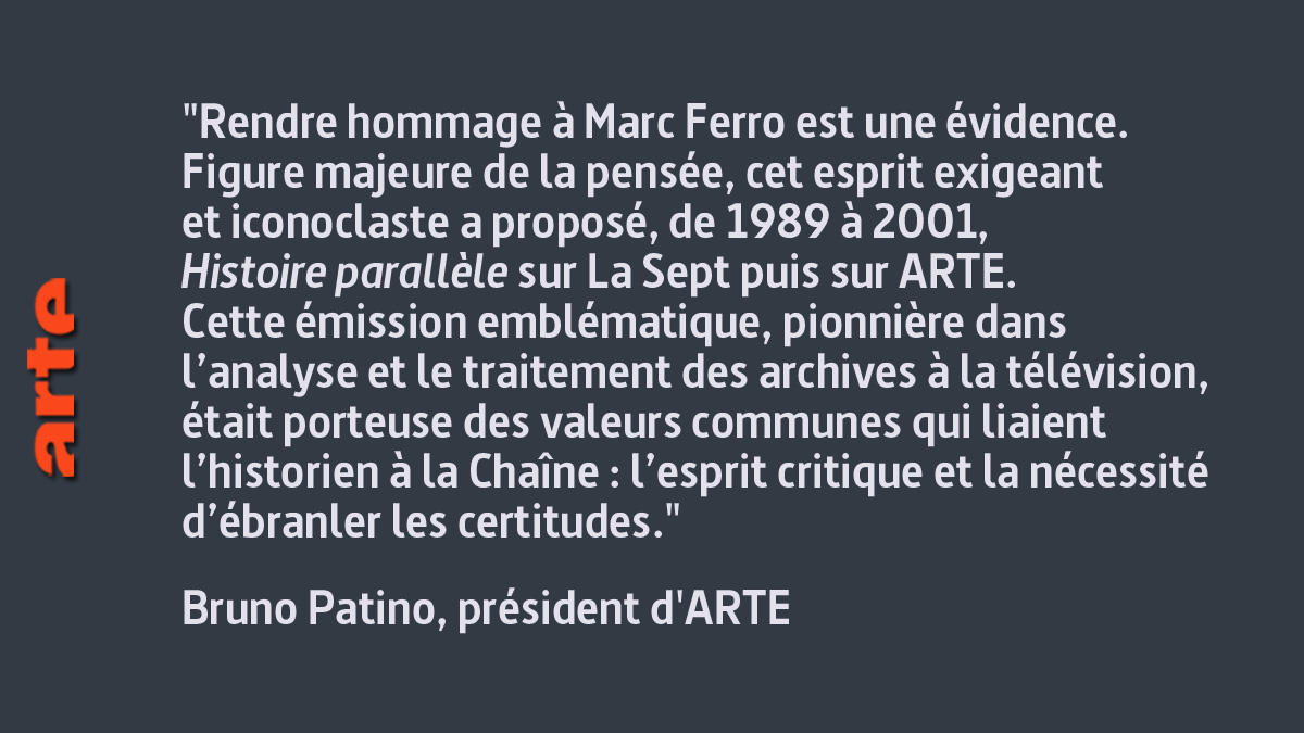 ARTEpro's tweet photo. "#HistoireParallèle, émission emblématique, pionnière dans l’analyse et le traitement des archives à la TV, était porteuse des valeurs communes qui liaient #MarcFerro à la Chaîne : l’esprit critique et la nécessité d’ébranler les certitudes."
@brunopatino, président d'@ARTEfr https://t.co/IpkLkyHzqP
