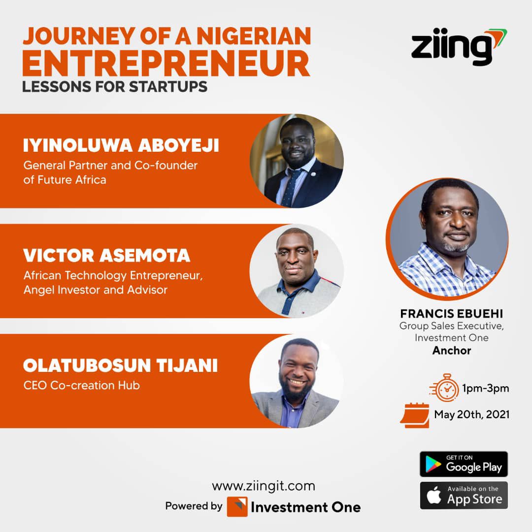 Join our conversation this Thursday; JOURNEY OF A NIGERIAN ENTREPRENEUR: LESSONS FOR STARTUPS as <a href="/iaboyeji/">Iyin Aboyeji</a> , <a href="/asemota/">Osaretin Victor Asemota</a> and <a href="/bosuntijani/">Dr. 'Bosun Tijani</a> share their experiences.

Click here to register:  investment-one.zoom.us/webinar/regist…

#entrepreneur #business #finance #startup #entrepreneurship #economy