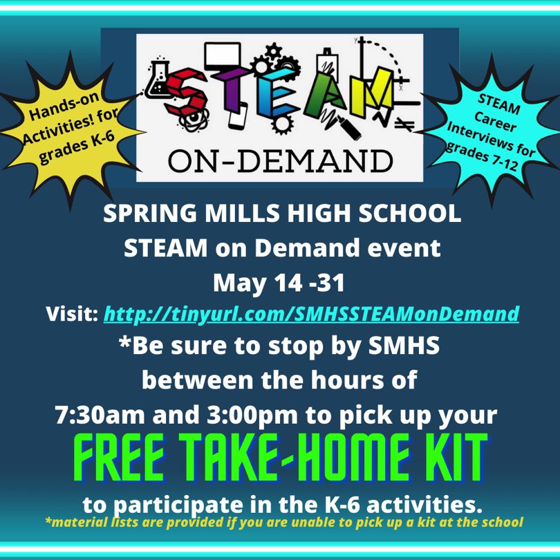 We are back with our annual STEAM event. Though the format looks different, we are super excited about the event. Check out tinyurl.com/SMHSSTEAMonDem…

*limit of one kit per household*

Thanks to Remake Learning Days for the grant to purchase take-home kit materials. <a href="/SMHS_Official/">House of CARDS ♣️♥️</a>