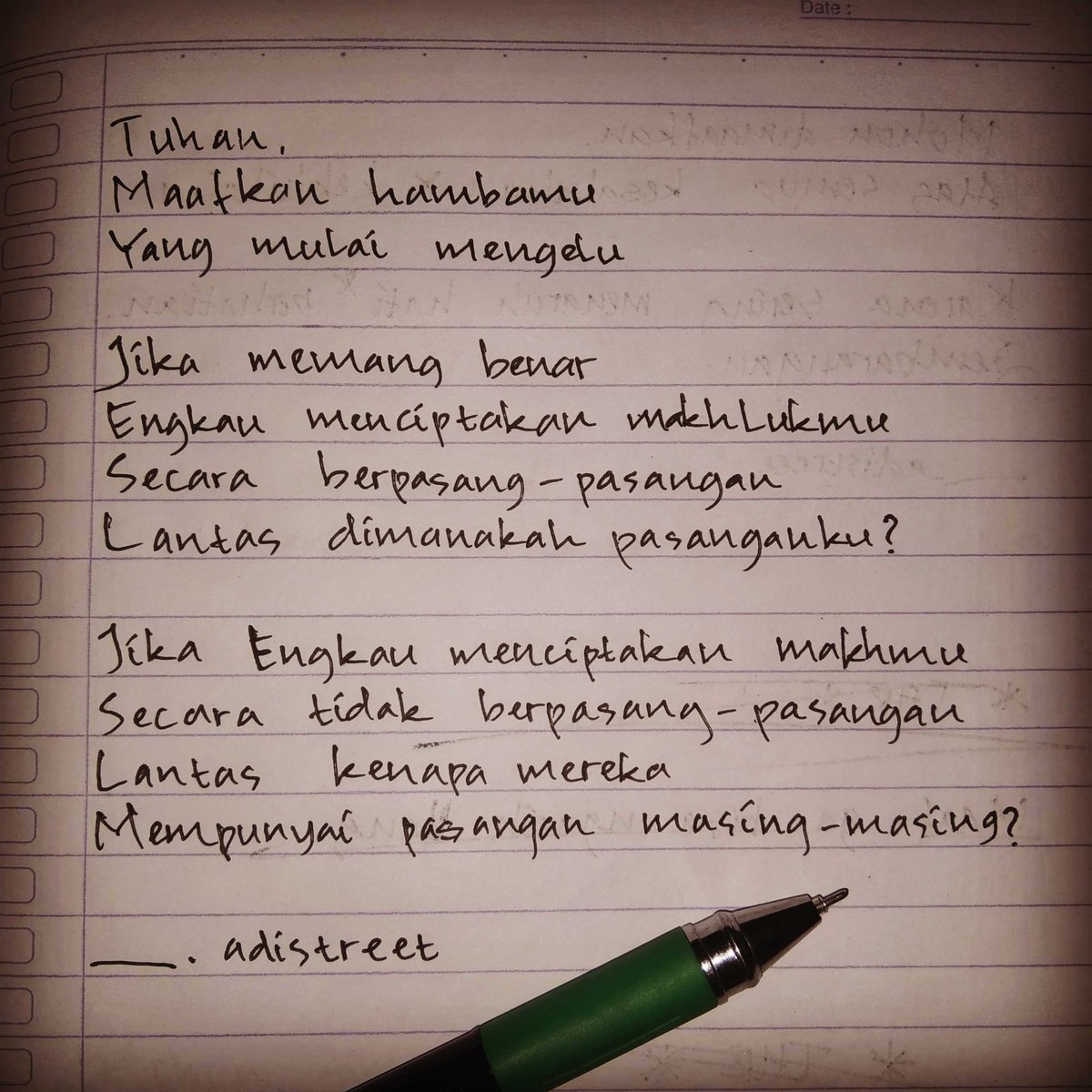 _adistreet's tweet photo. Tuhan.
Maafkan aku yang mulai mengelu.
#quotesmotivasi #quotesbijak #katamotivasi #katabijak #katabaper #statusmotivasi #statusbijak #statusbaper #statuswhatsapp #captionmotivasi #captionbijak #captionbaper #captiontulistangan #tulisan_adistreet https://t.co/SldR66lY4P