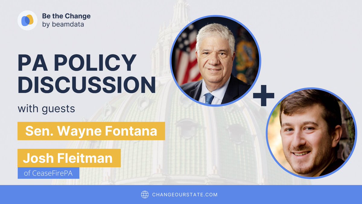 beamdata's tweet image. ‼️NEW PA Policy Discussion with Sen. Fontana and @JoshFleitman from @CeaseFirePA on SB 134 and Extreme Risk Protection Orders at youtu.be/5A2bF352XOU! Give input on the bill at ChangeOurState.com. Learn more at an Expert Forum hosted by CeaseFirePA TODAY at 4pm‼️