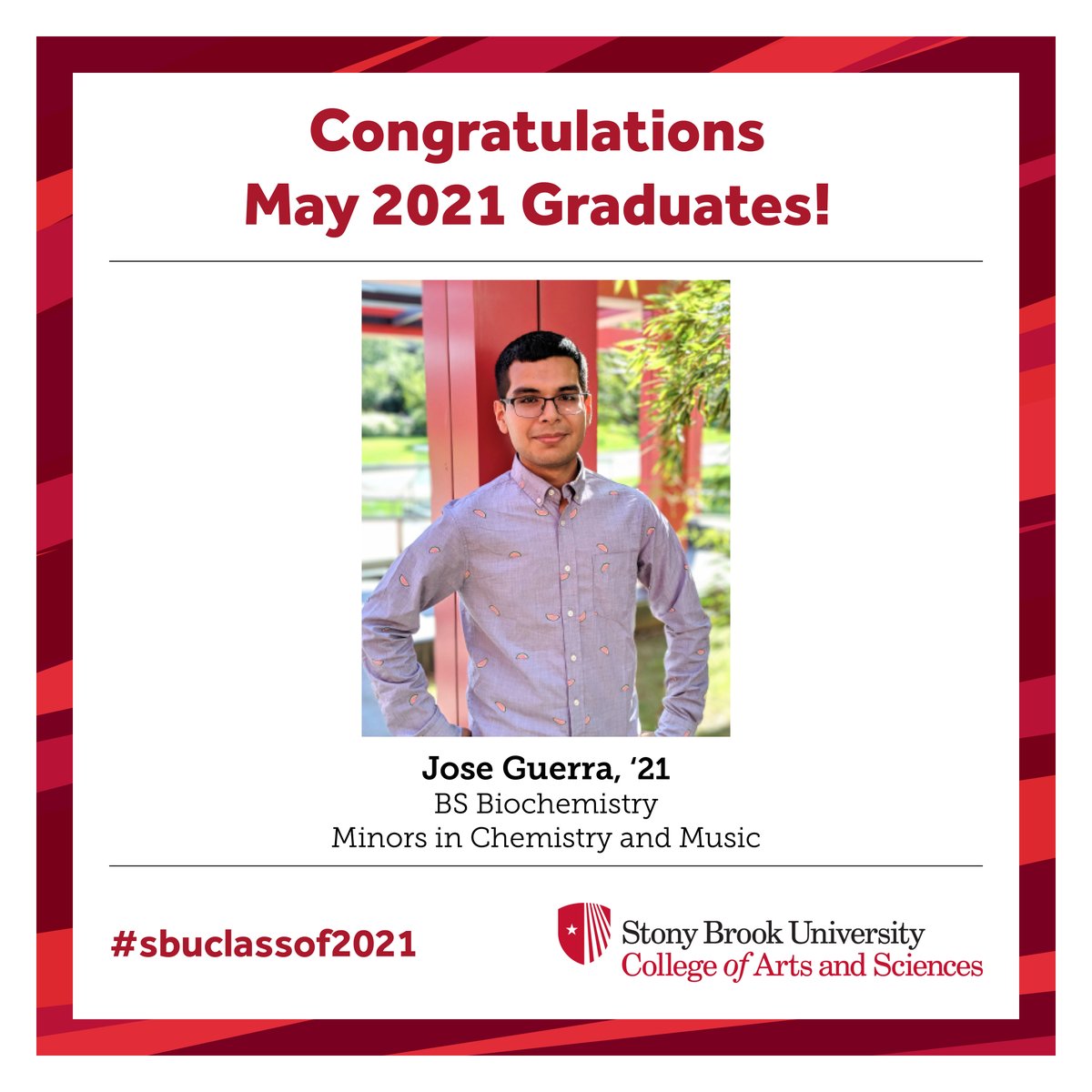 We're excited to intro some of our #SBUClassOf2021! Meet Jose Guerra '21, BS Biochemistry, minors in <a href="/StonyBrookChem/">StonyBrookChem</a> and <a href="/SBUMusicDept/">Stony Brook University Department of Music</a>.  "My ultimate career aspiration is to continue doing research &amp; answer fundamental questions in protein science." More bit.ly/3whiOhV