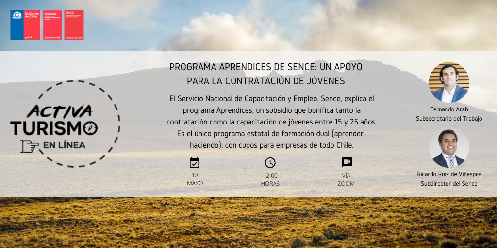 #ENVIVO | Mañana martes 18 de mayo únete a la charla #ActivaTurismo en línea y te contaremos sobre “Aprendices”, el programa de formación con que #Sence impulsa la capacitación y contratación de jóvenes en empresas. Comienza a las 12 pm, inscríbete aquí 👉bit.ly/3tWXX1T