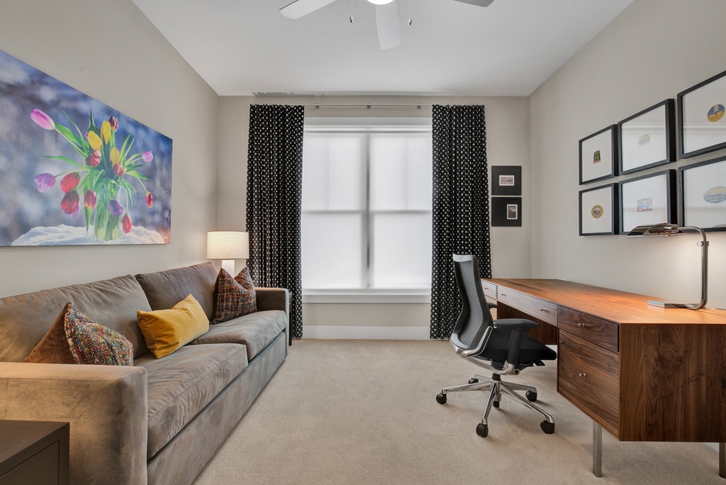 InteriorsKenny's tweet photo. This home office in Downtown Downers Grove will always be a favorite. The Walnut desk, Okamura desk chair, luggage tag gallery wall, Beatles memorabilia in modern natural steel frames, grand scale Tulip Art, and a super comfy sofa bring it together. ⁠ https://t.co/3Le3ZkAyHM