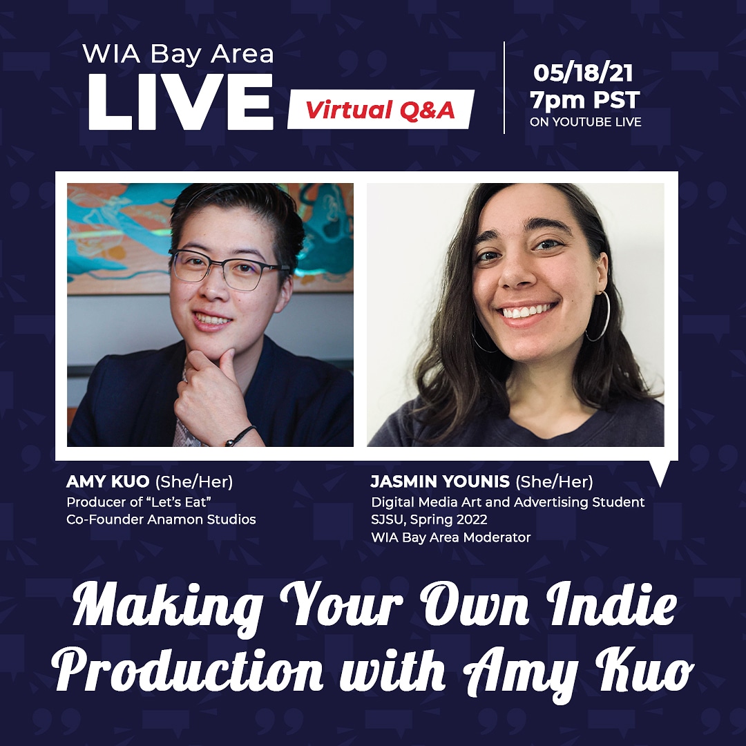 Join us Tuesday May 18th at 7pm PST on YouTube for a live conversation with Amy Kuo, Producer of “Let’s Eat” and Co-Founder of Anamon Studios and Jasmin Younis, Digital Media Art and Advertising Student at SJSU

youtube.com/c/WIABayAreaCh…

Link to Let’s Eat:
Letseatshortfilm.com