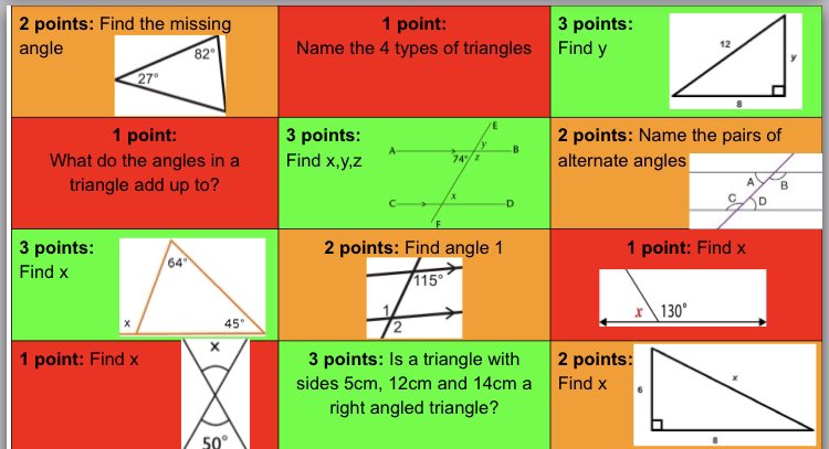 Revision week is well under way for 1st and 2nd year exams next week! This is my take on a retrieval grid for 1st years as we were revising geometry <a href="/MrMaxwell9196/">Conor Maxwell</a> @Sandym0untPark