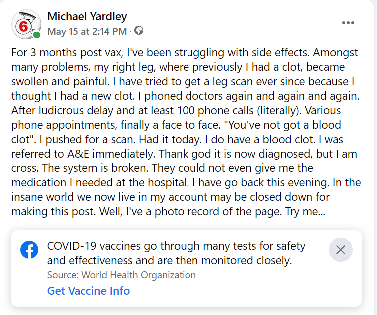 Here is an interesting question. If put up anything on Facebook concerning cv19 and the vaccine and this qualification is added by Big Brother. Who is actually behind this manipulation/interference with my writing? #LIBERTYNOT