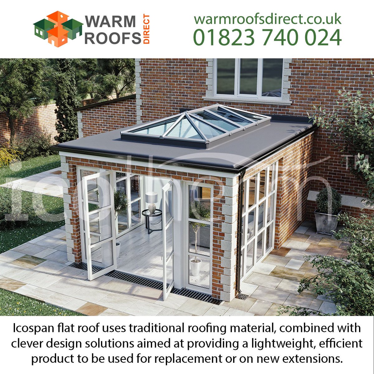 ICOSPAN FLAT ROOF
Icospan flat roof uses traditional roofing material, combined with clever design solutions aimed at providing a lightweight, efficient product to be used for replacement or on new extensions.
warmroofsdirect.co.uk 
 info@warmroofsdirect.co.uk or 01823 740 024