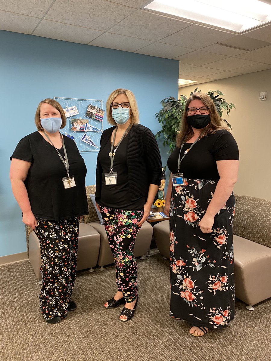 MNDCougars's tweet photo. MND teacher Mrs. Sarah Doepker, Principal Karen Day and Director of Campus Ministry Mrs. Jen Dodds rocking the black and floral look today on campus! #SpringFashions https://t.co/8WCw7yUJYx