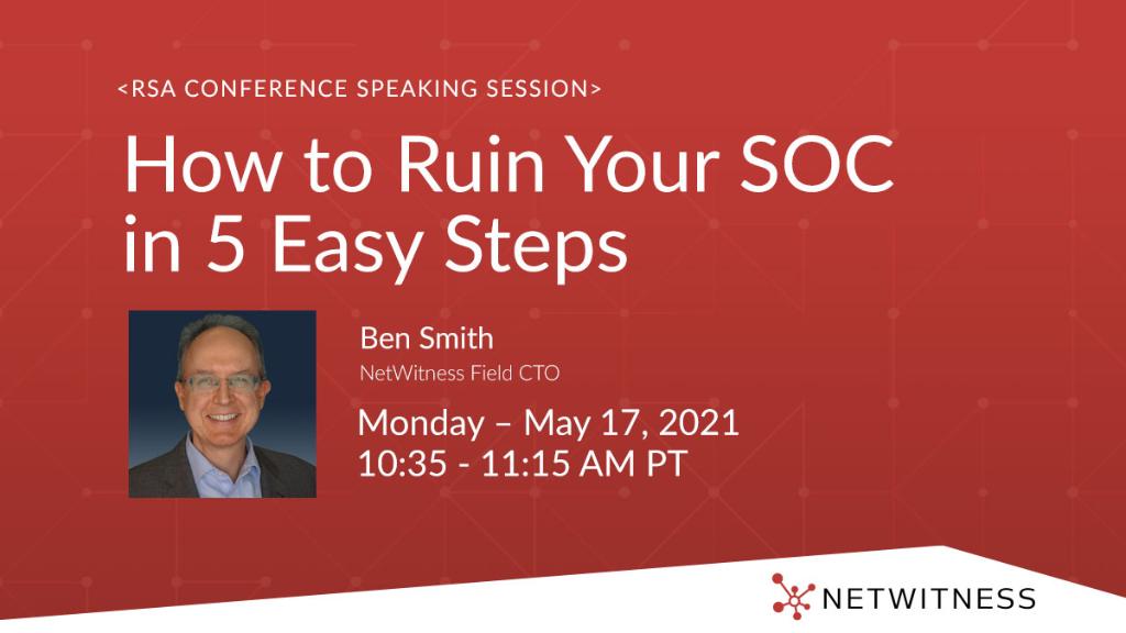 RSAsecurity's tweet image. Set yourself up for SOC-cess by attending today&apos;s sessions led by Field CTO of #NetWitness, @Ben_Smith. ✅

He&apos;ll be discussing how to overcome SOC challenges &amp;amp; more. Join us now! rsa.im/3uMBLss #RSAC
