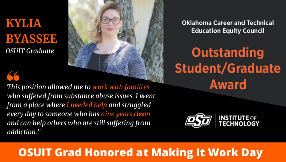 OSUIT's tweet image. Kylia Byassee, an Oklahoma State University Institute of Technology graduate, recently received the Outstanding Student/Graduate Award from the Oklahoma Career and Technical Education Equity Council. #OSUITGrad #OSUITproud osuit.edu/news/osuit-gra…