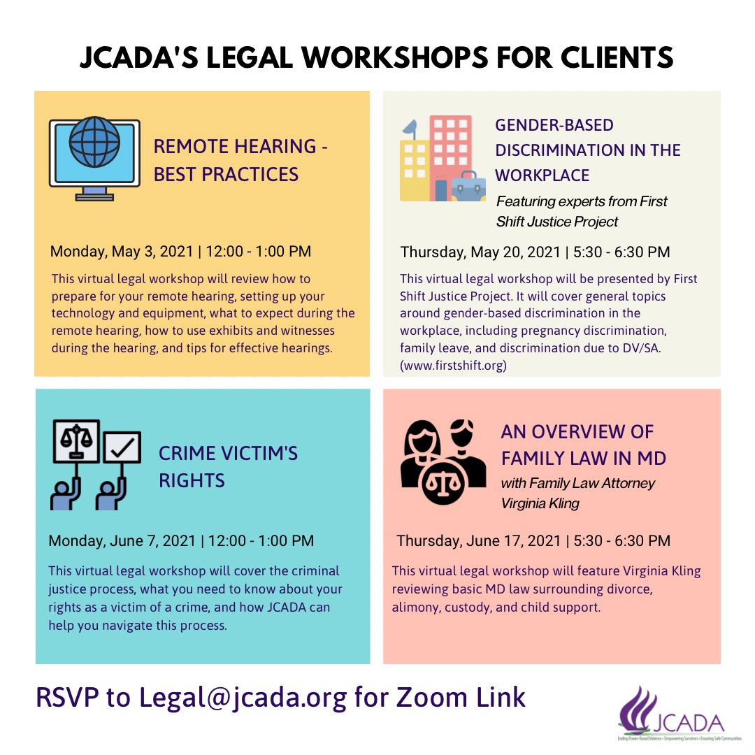 Join us Thursday to learn about your rights in the workplace! This workshop featuring experts from First Shift Justice Project will cover workplace discrimination due to domestic violence/sexual assault, pregnancy discrimination, family leave + more! Email legal@jcada.org to RSVP