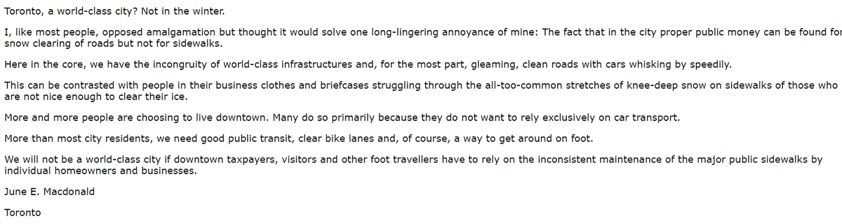 dmrider's tweet photo. Letter to the editor to the @TorontoStar from Jan. 9, 1999 under headline "Downtown residents get snow job." If anyone knows June E. Macdonald, please tell her that, 22 years later, the city is poised to expand sidewalk snowplowing to downtown residents. https://t.co/HKXYcibB2K