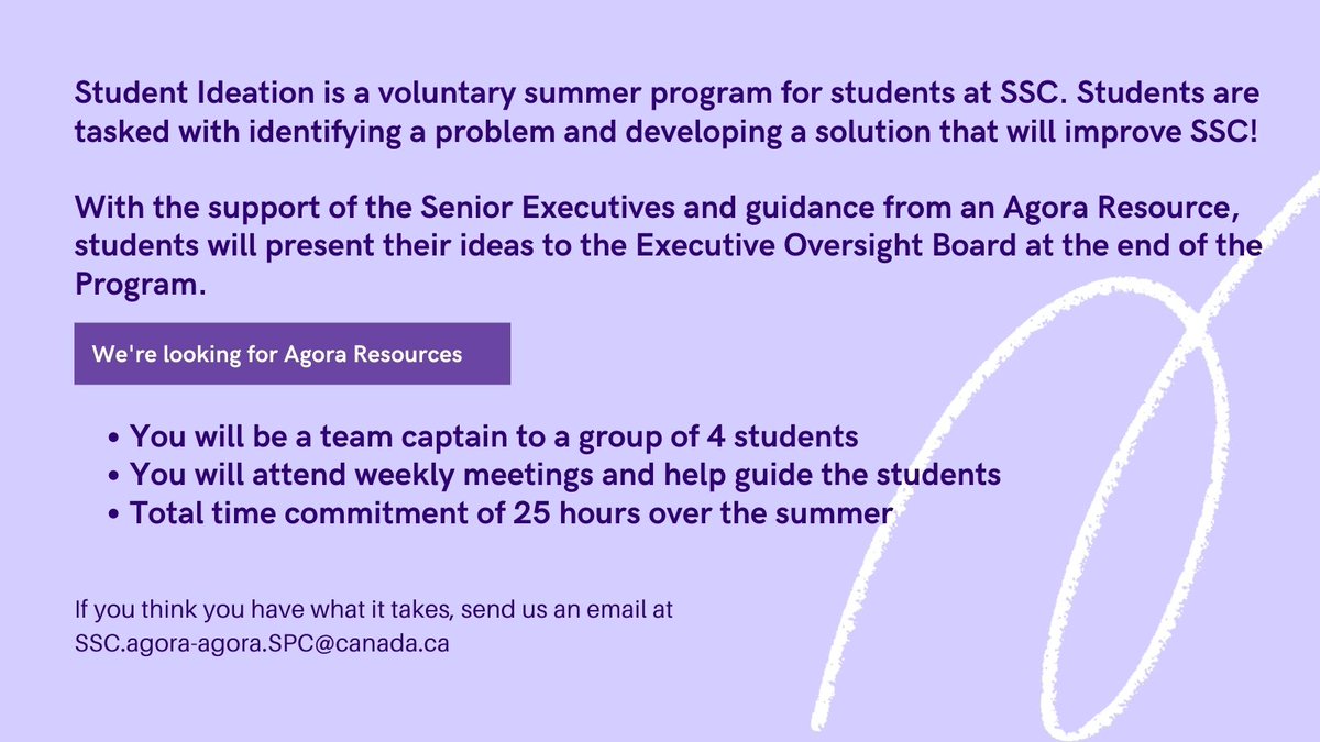 Agora’s Student Ideation Program is launching soon! Launching on June 7th, we’re still looking for some Agora Resources! If you’ve got strong leadership qualities and are passionate about innovation or know someone who is, send us an email at SSC.agora-agora.SPC@canada.ca.