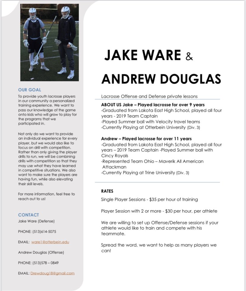 Lakota East High School Lacrosse (@easthawkslax) on Twitter photo Former Thunderhawks, Jake Ware & Andrew Douglas, are offering personalized skills training over the summer for any player interested in furthering their lacrosse skills and lax IQ. See flyer below for contact information <a href="/LakotaLaxClub/">Lakota Youth Lacrosse Club</a> <a href="/HawksEastJR/">East Jr Hawks Lax</a> <a href="/CinDayLAX/">CinDayLAX</a> Former Thunderhawks, Jake Ware & Andrew Douglas, are offering personalized skills training over the summer for any player interested in furthering their lacrosse skills and lax IQ. See flyer below for contact information <a href="/LakotaLaxClub/">Lakota Youth Lacrosse Club</a> <a href="/HawksEastJR/">East Jr Hawks Lax</a> <a href="/CinDayLAX/">CinDayLAX</a>