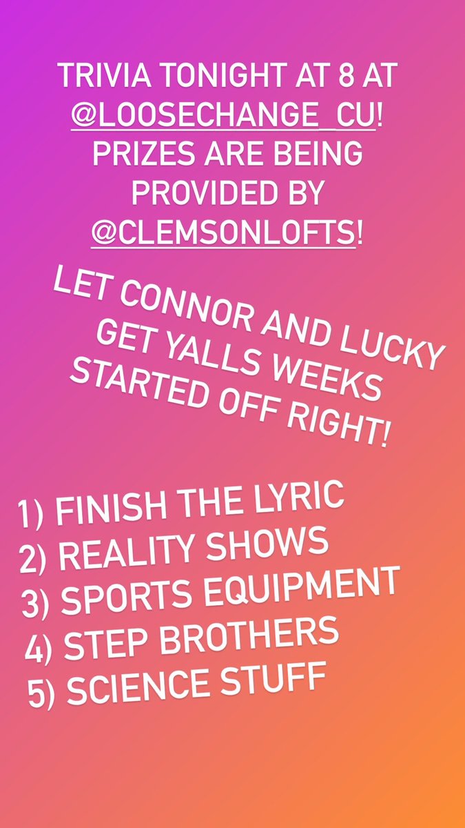 TriviaClemson's tweet photo. Trivia tonight at 8 at @LooseChangeCU! Prizes are being provided tonight by Clemson Lofts! https://t.co/XpZRhcdtW4