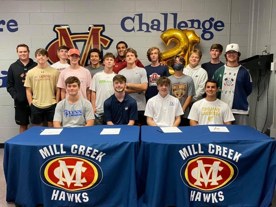 MCBOYSLAX's tweet photo. Signing day!! Congratulations Ed, Nick, Parker & Max! #comitted #proud #GOHAWKS #mclax @LynnUniversity @UCumberlands @ualbany @AUTrojans https://t.co/gCp9JiV6Vy