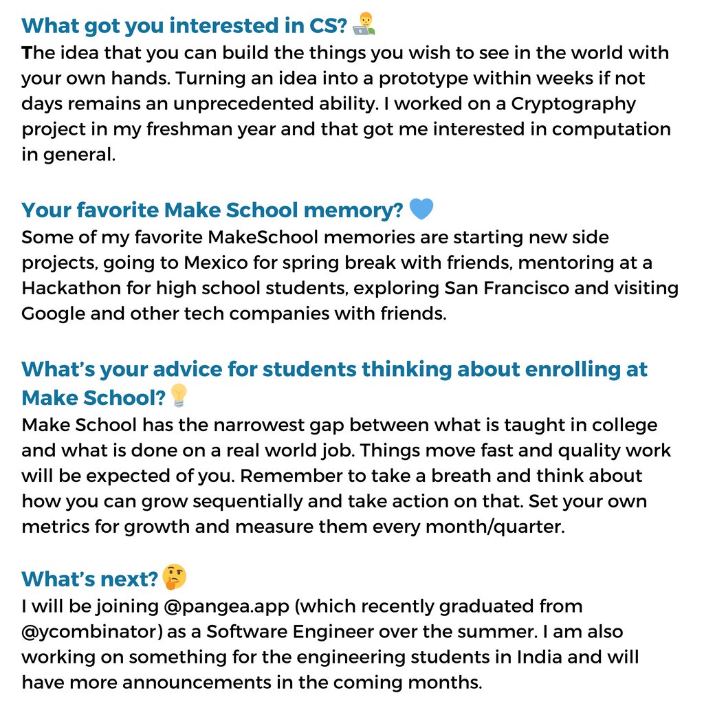 "Make School has the narrowest gap between what is taught in college and what is done on a real world job."
~Abhishek Kulkarni, Graduating Class of 2021🎓

Abhishek, we look forward to the things you will continue to build in the future💙

#college #grad #softwareengineer