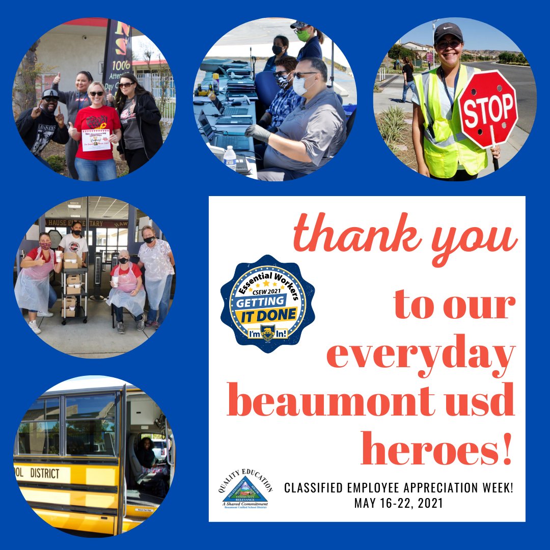 Beaumont_SD's tweet photo. 📢Happy #ClassifiedSchoolEmployeeWeek! 😃Despite this year's challenges, our amazing classified staff didn't skip a beat💙! THANK YOU for your passion &amp; dedication to our students' success. 💫 #BeaumontUSD #HomeSchoolCommunity https://t.co/ODD04nIHwP