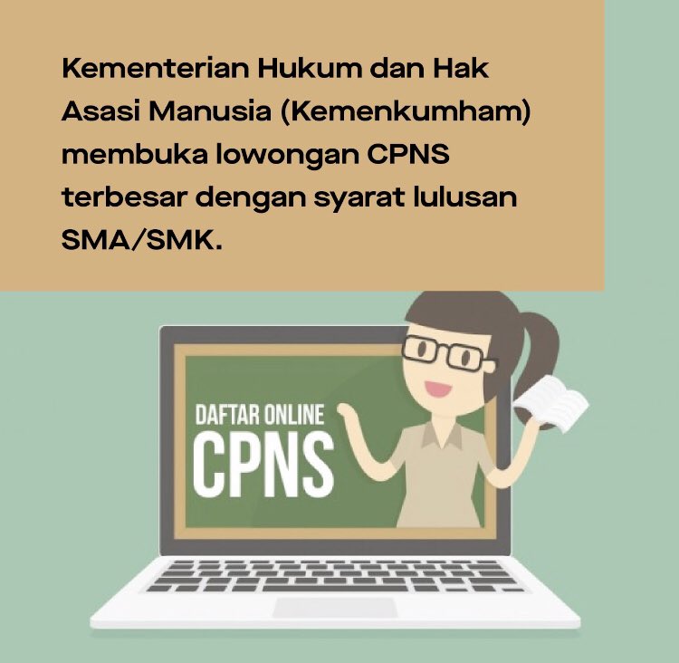heydiko's tweet photo. ✨Buat yang nanya lulusan SMA/SMK bisa daftar CPNS?✨

Jawabannya bisaaa! 

Coba reply dong kalo kamu punya info lowongan lulusan SMA selain Kemenkumham~ https://t.co/X4xiUUvug4