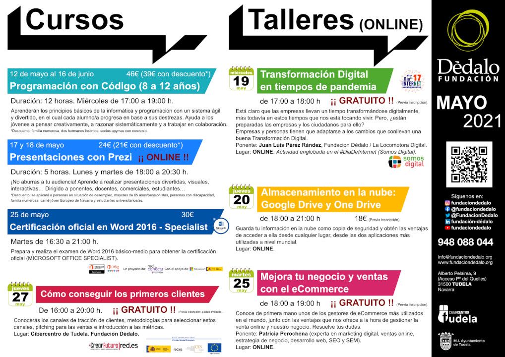 ACTIVIDADES - MAYO - 2021

🌐 Puedes consultarlo todo en nuestra agenda web fundaciondedalo.org/agenda 

#actividades #fdedalo #mayo #tudela #navarra #online