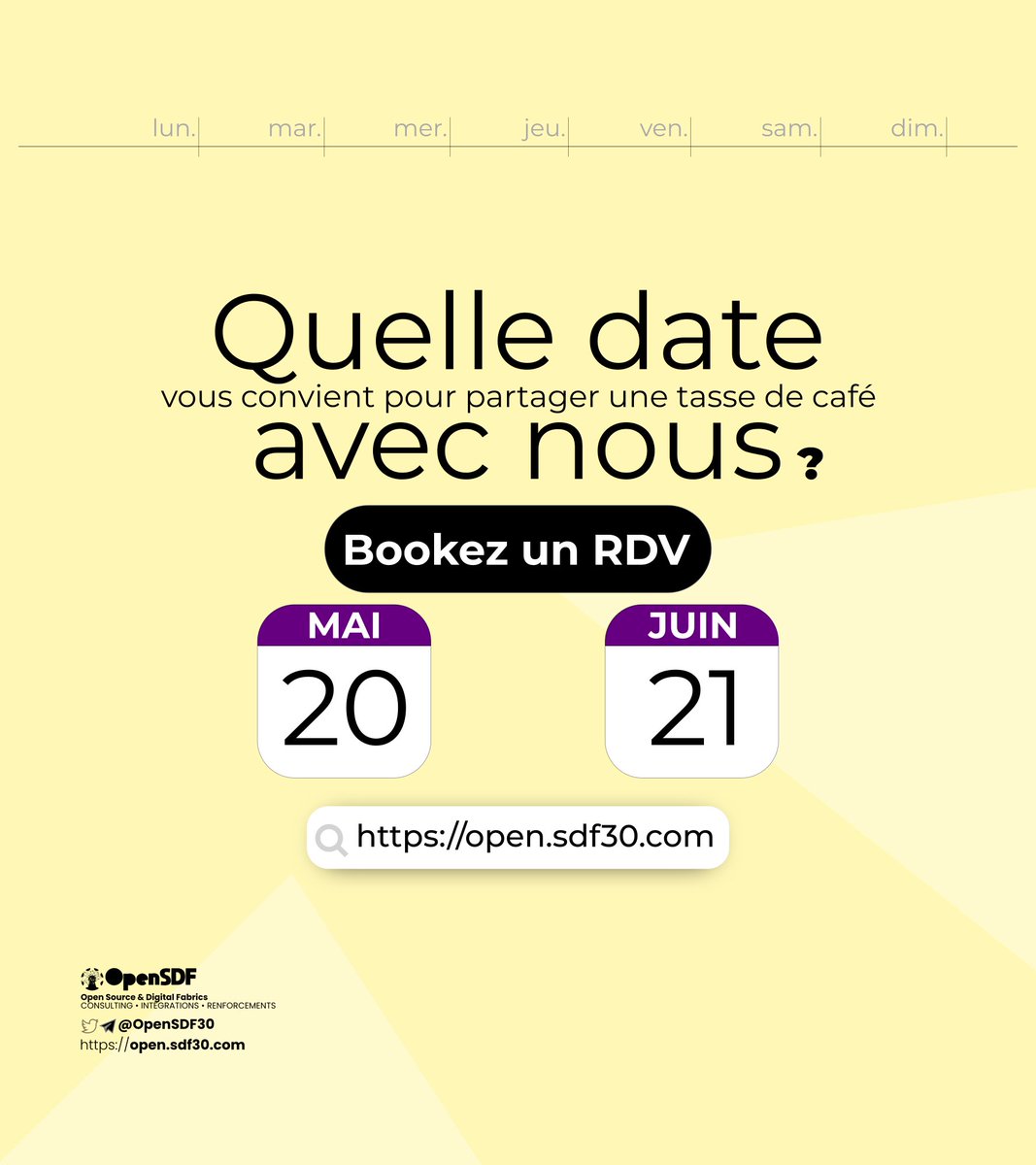 OpenSDF30's tweet photo. Voilà‼️ Notre agenda se dégage du 20MAI au 21JUIN 2021. Que vous préférez du thé ou du café, réservez une date sur notre petit site "https://t.co/3MbC8oizJV" (Bouton BOOKEZ UN RDV). 
Évaluons votre projet sur lequel vous hésitez actuellement: Design, Web, Mobile, Branding
#TT228 https://t.co/bYkxwIghcV