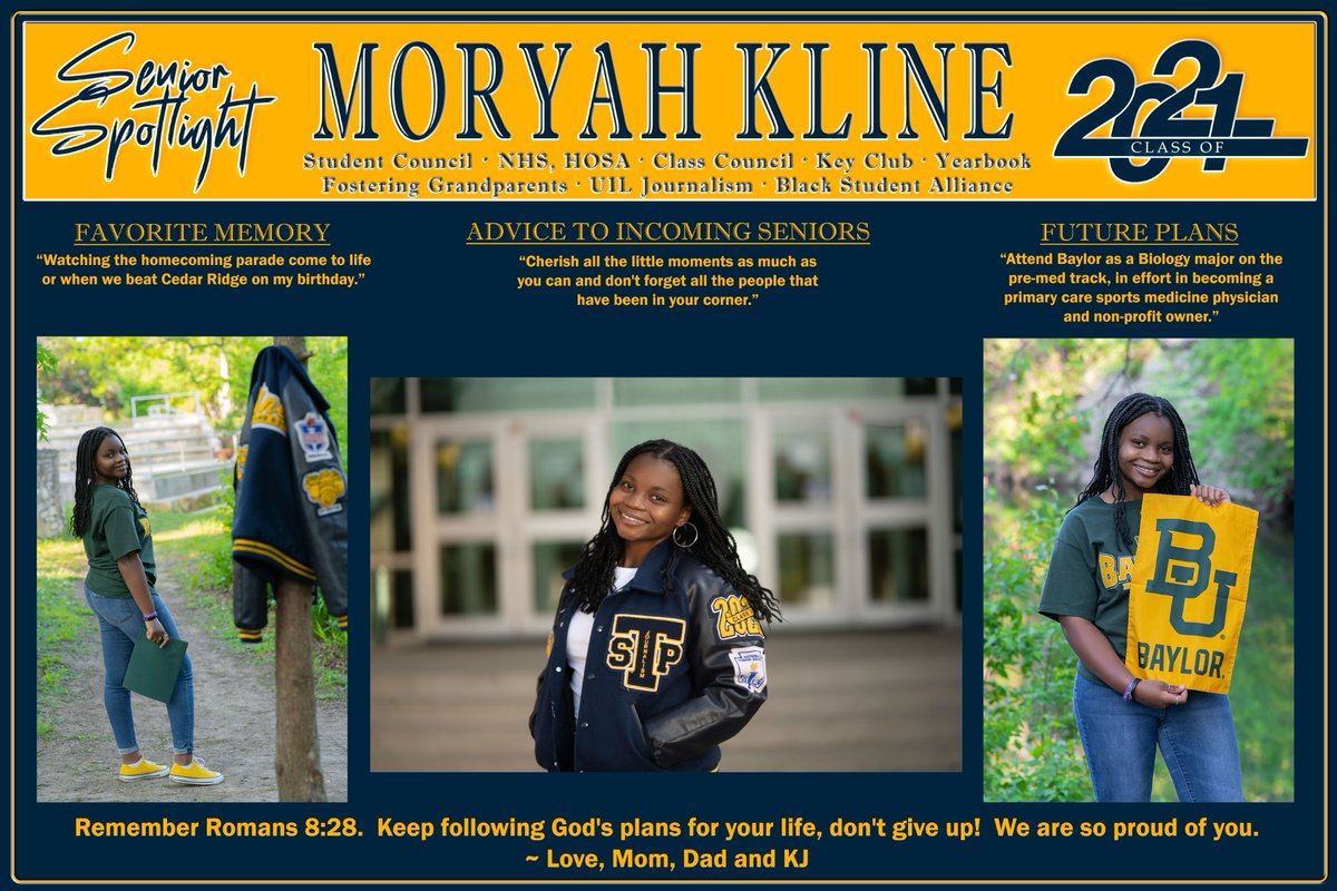 Way to Go Moryah!! You have done great things and will continue to rock the world! Best of luck at Baylor!

#STPSeniorsRise
#SeniorSpotlight
#Senior2021