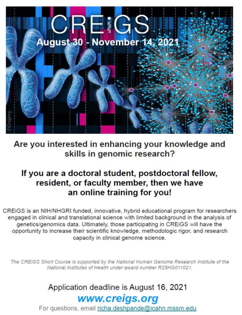 EKTBenn's tweet image. Doctoral students, postdocs, &amp;amp; faculty - App cycle open for our virtual NHGRI-funded CREiGS Short Course to learn about genetic epi, statistics, computational tools, &amp;amp; engaging underrepresented populations in genomics research! 8/30/21-11/14/21 creigs.org