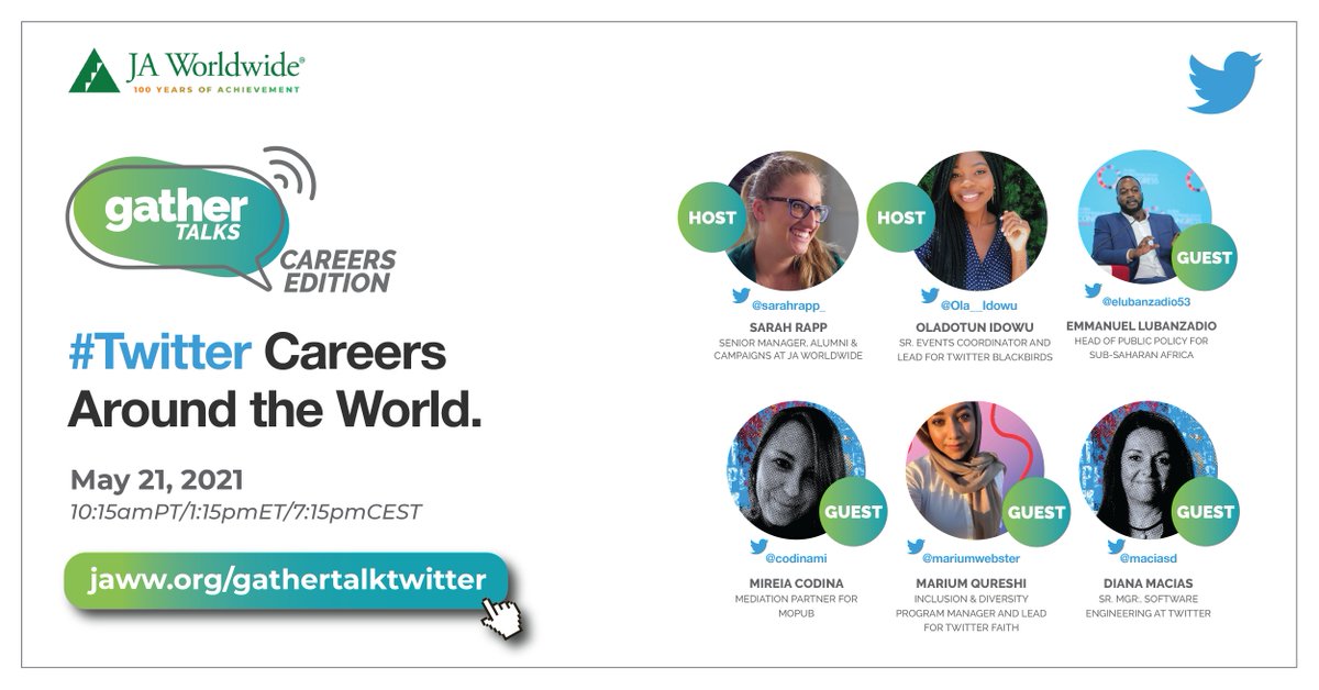 We're excited to announce the next #GatherTalk in collaboration with @Twitter on May 21 at 10:15amPT/1:15amET/7:15pmCEST. Secure your spot now: jaww.org/gathertalktwit… 
<a href="/sarahrapp_/">Sarah Rapp</a> <a href="/Ola__Idowu/">Oladotun Idowu</a> <a href="/elubanzadio53/">Emmanuel Lubanzadio</a> @codinami <a href="/mariumwebster/">Marium R. Qureshi</a> @maciasd