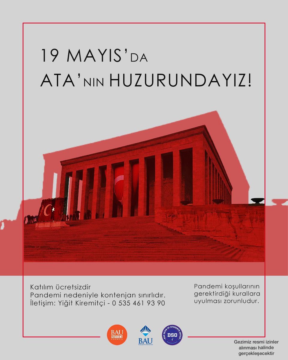 BAUSCofficial's tweet photo. Sevgili BAU ailesi ,

🇹🇷19 Mayıs Atatürk’ü Anma Gençlik ve Spor bayramımızı kutlamak için Öğrenci Konseyi ve Öğrenci Dekanlığı olarak bir  ücretsiz gezi düzenlenliyoruz

🇹🇷19 Mayısta günübirlik Atatürk'ün ebedi istirahatgahı Anıtkabiri ziyaret ediyoruz. https://t.co/cBBo6d9JXU
