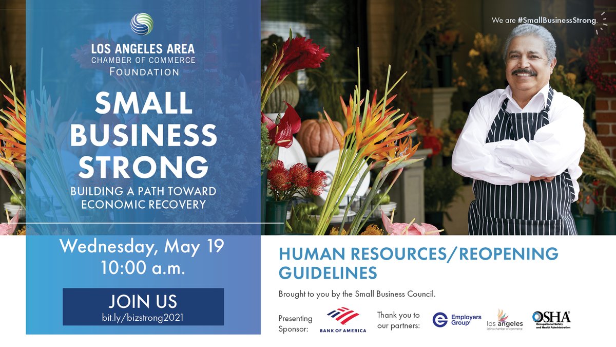 Is your small business ready to FULLY reopen? Are you CAL/OSHA compliant? Have human resources questions/concerns?

Join <a href="/LAAreaChamber/">L.A. Area Chamber</a> on May 19 at 10 am to learn more. 

Register here: bit.ly/bizstrong2021