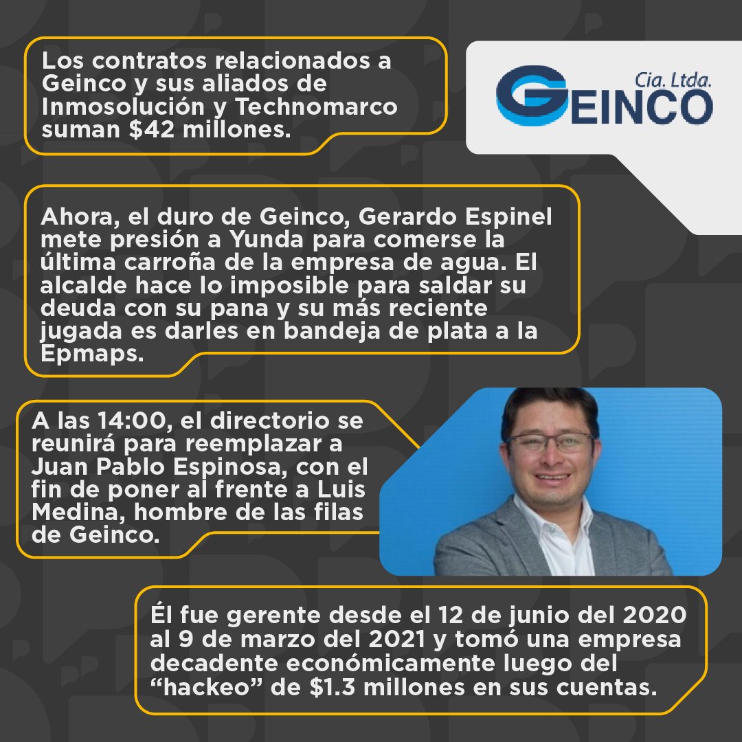 LaPosta_Ecu's tweet photo. Yunda quiere darle la Epmaps en bandeja de plata a sus panas de Geinco. Hoy, el directorio convocado por él, quiere remover a Juan Pablo Espinosa para poner a Luis Medina, hombre de Espinel. ¿El plan? Llevarse lo último que queda de la empresa. Mira cómo es la jugada aquí. 🧐 https://t.co/H79pKwMZNt