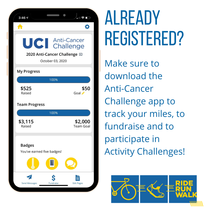 Fundraise from the palm of your hand. Download the UCI Anti-Cancer Challenge app today! Available on iPhone and Android. 
anti-cancerchallenge.org. #anticancerchallenge